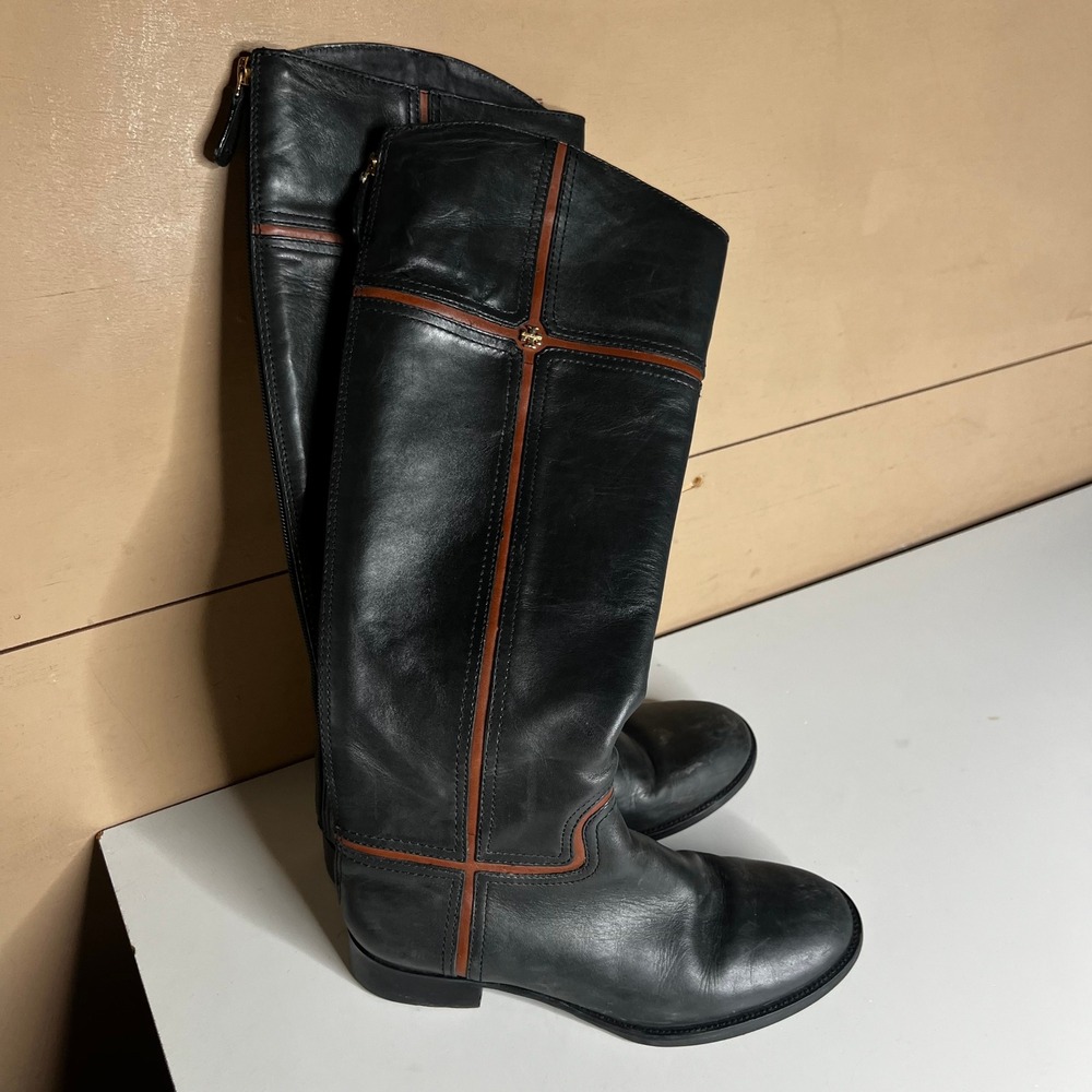 Tory Burch Black Leather Riding Boots Brown Trim Back Zip 7.5M 22138350
